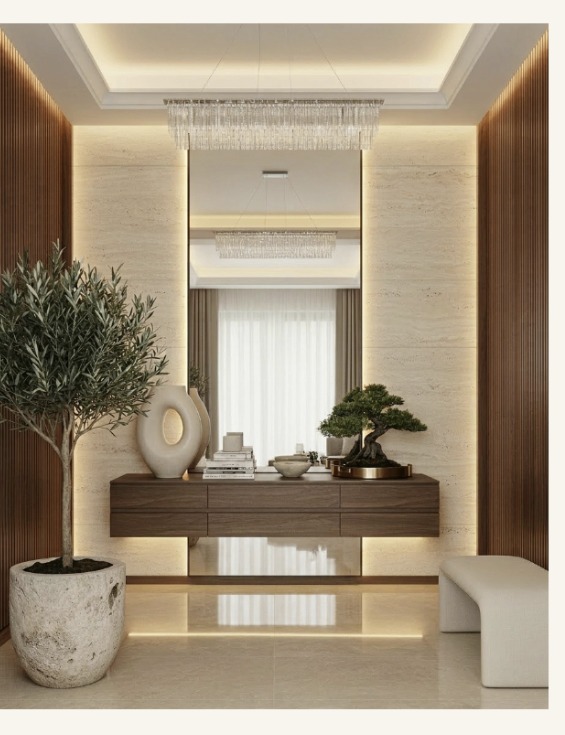 Fluted walnut entry with chandelier and styled console