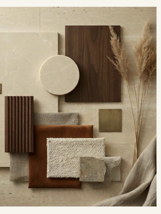 Material mood board with wood, stone, linen, and leather samples