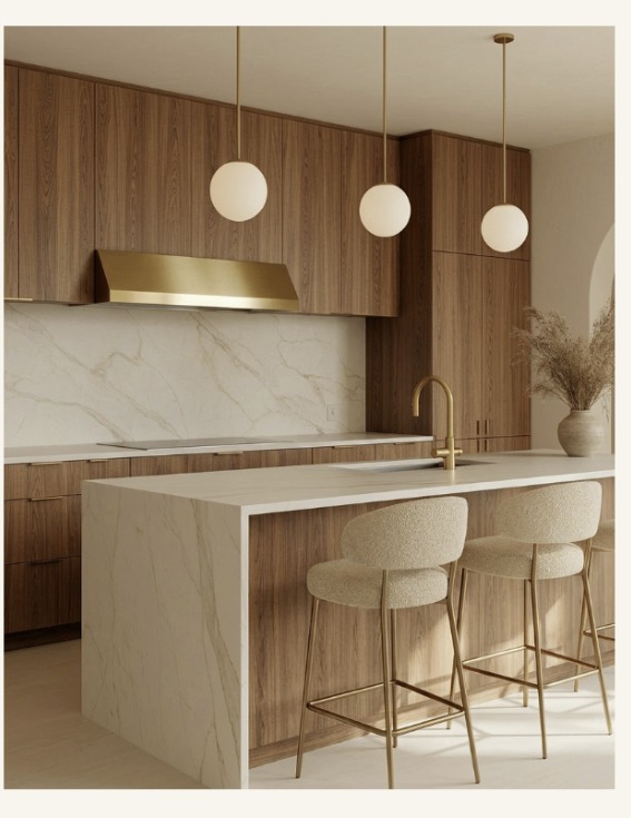 Walnut kitchen with marble island and boucle stools