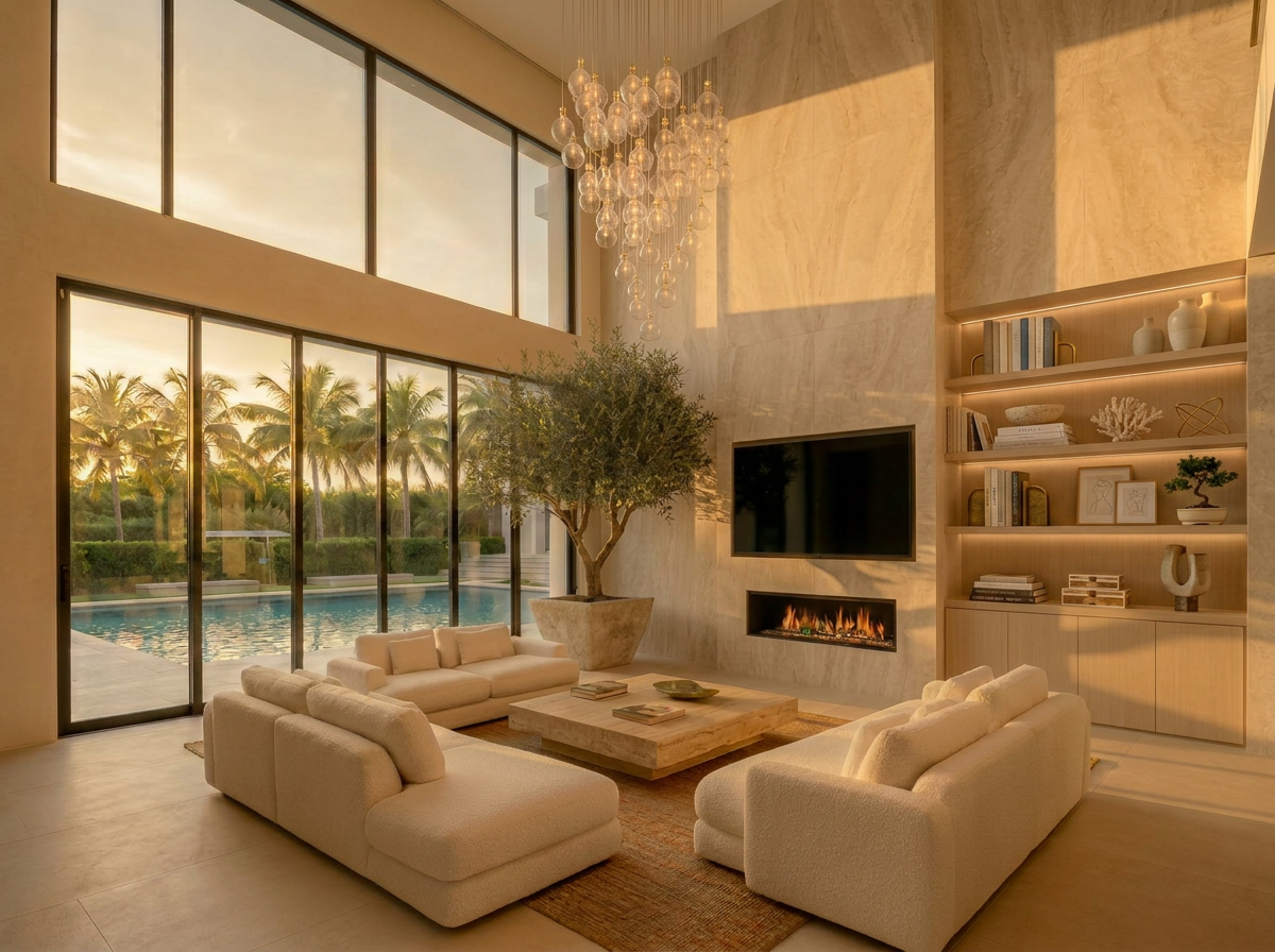 Sun-drenched Miami living room with linen sofas and limestone floors